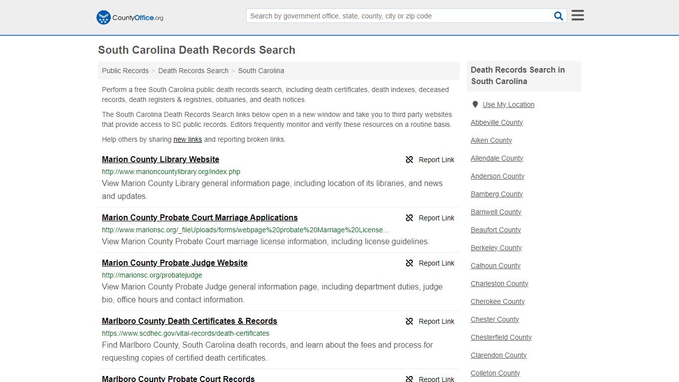 South Carolina Death Records Search - County Office